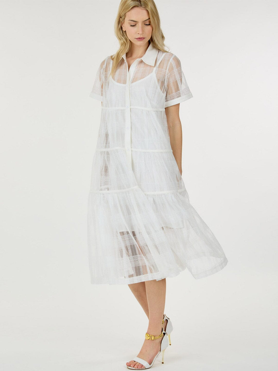WOMEN'S SHORT SLEEVE BUTTON UP TIERED MIDI DRESS