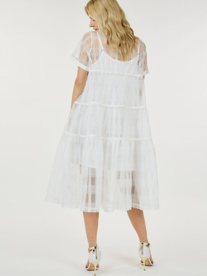 WOMEN'S SHORT SLEEVE BUTTON UP TIERED MIDI DRESS