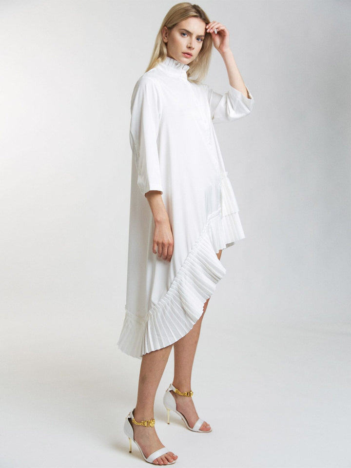 WOMEN'S 3/4 SLEEVE BUTTON UP RUFFLE HIGH-LOW MINI DRESS