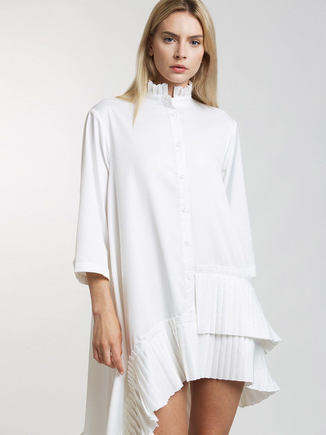 WOMEN'S 3/4 SLEEVE BUTTON UP RUFFLE HIGH-LOW MINI DRESS