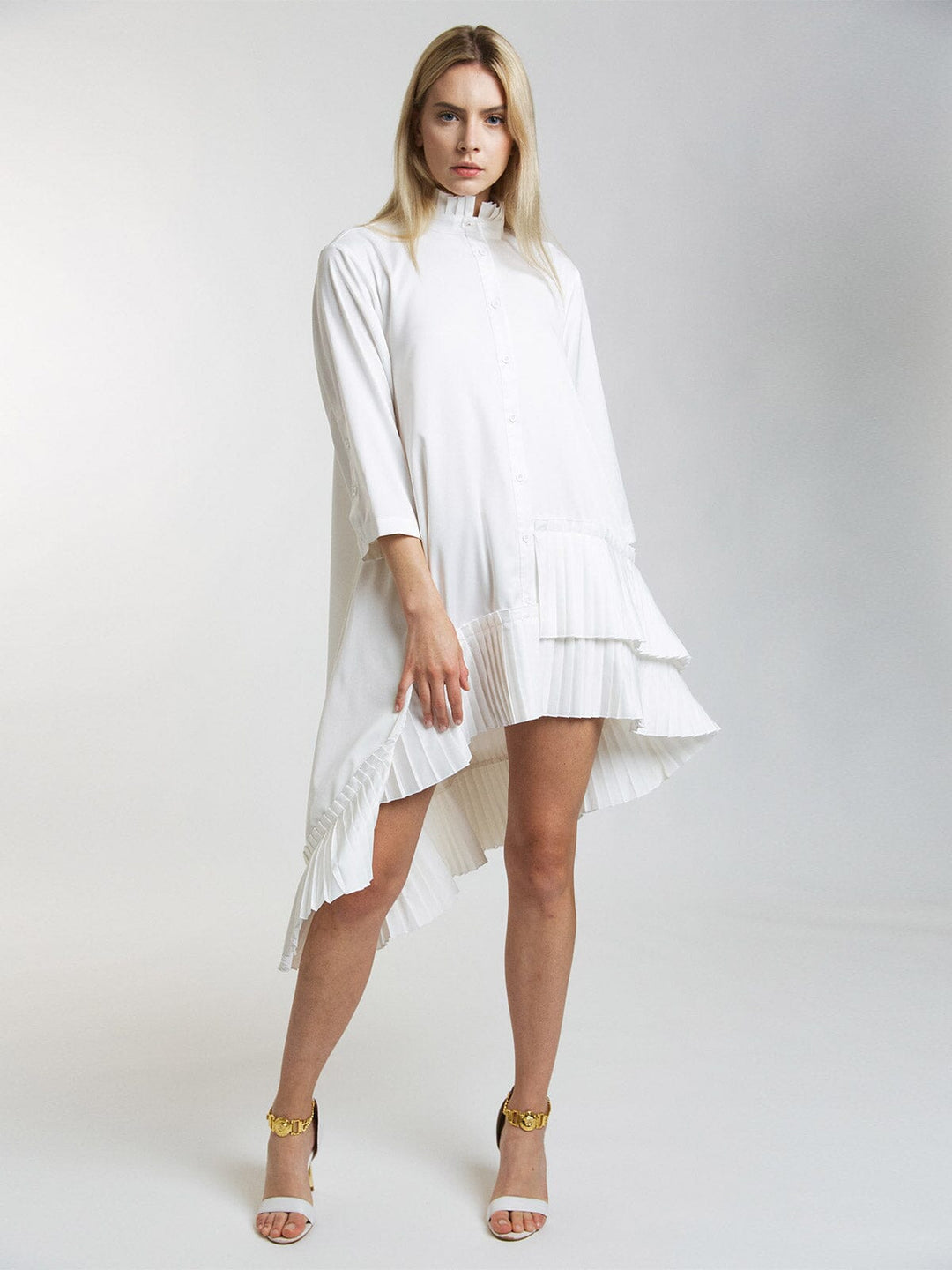 WOMEN'S 3/4 SLEEVE BUTTON UP RUFFLE HIGH-LOW MINI DRESS
