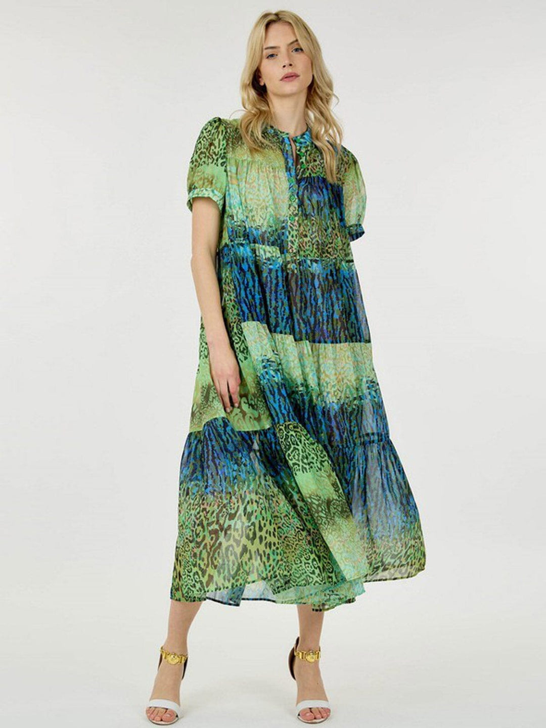 WOMEN'S SHORT SLEEVE BUTTON UP TIERED MULTI ANIMAL PRINT MAXI DRESS