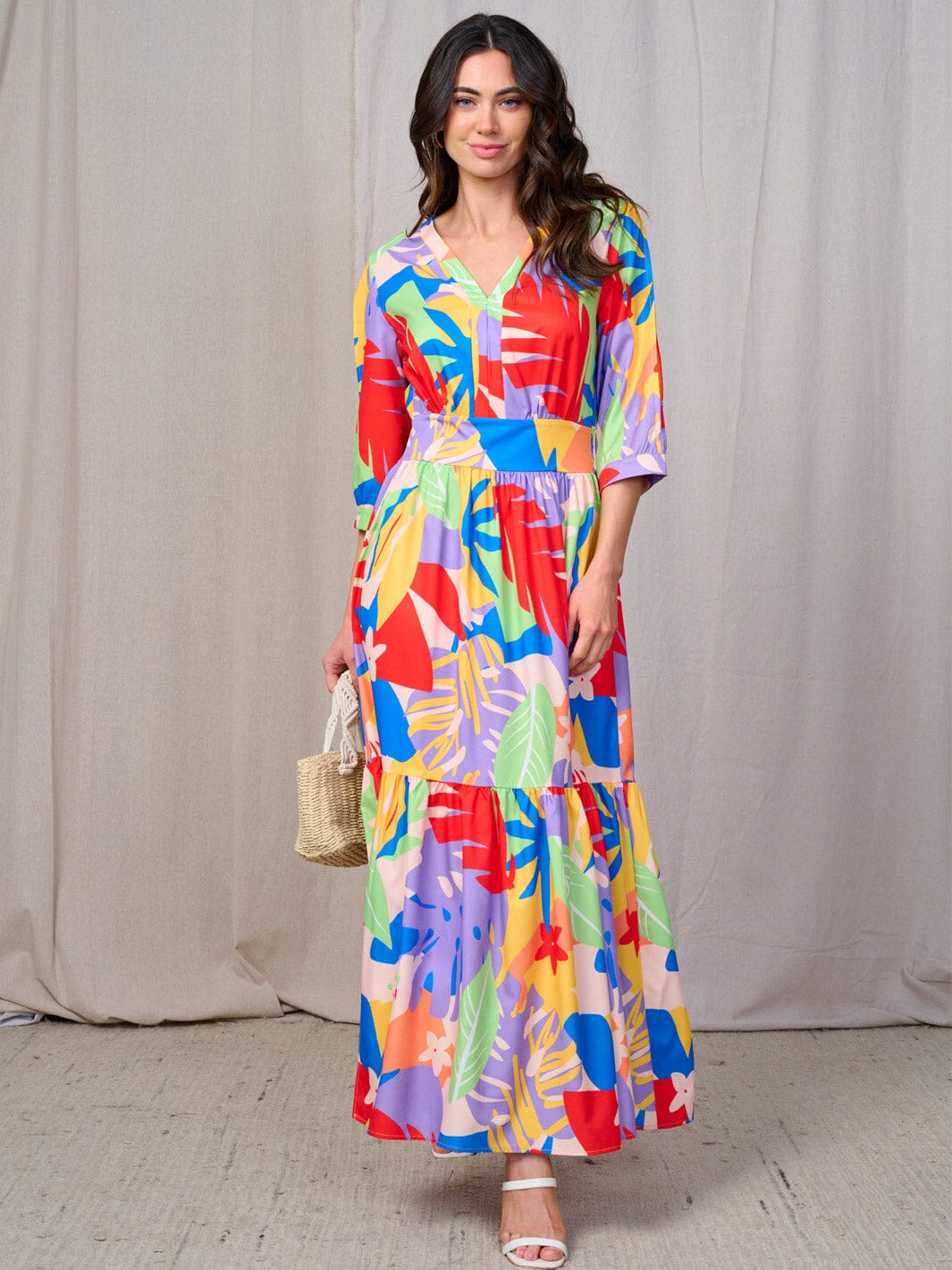 WOMEN'S 3/4 COLD SHOULDER SLEEVES SMOCK WAIST V-NECK LEAF PRINT MAXI DRESS