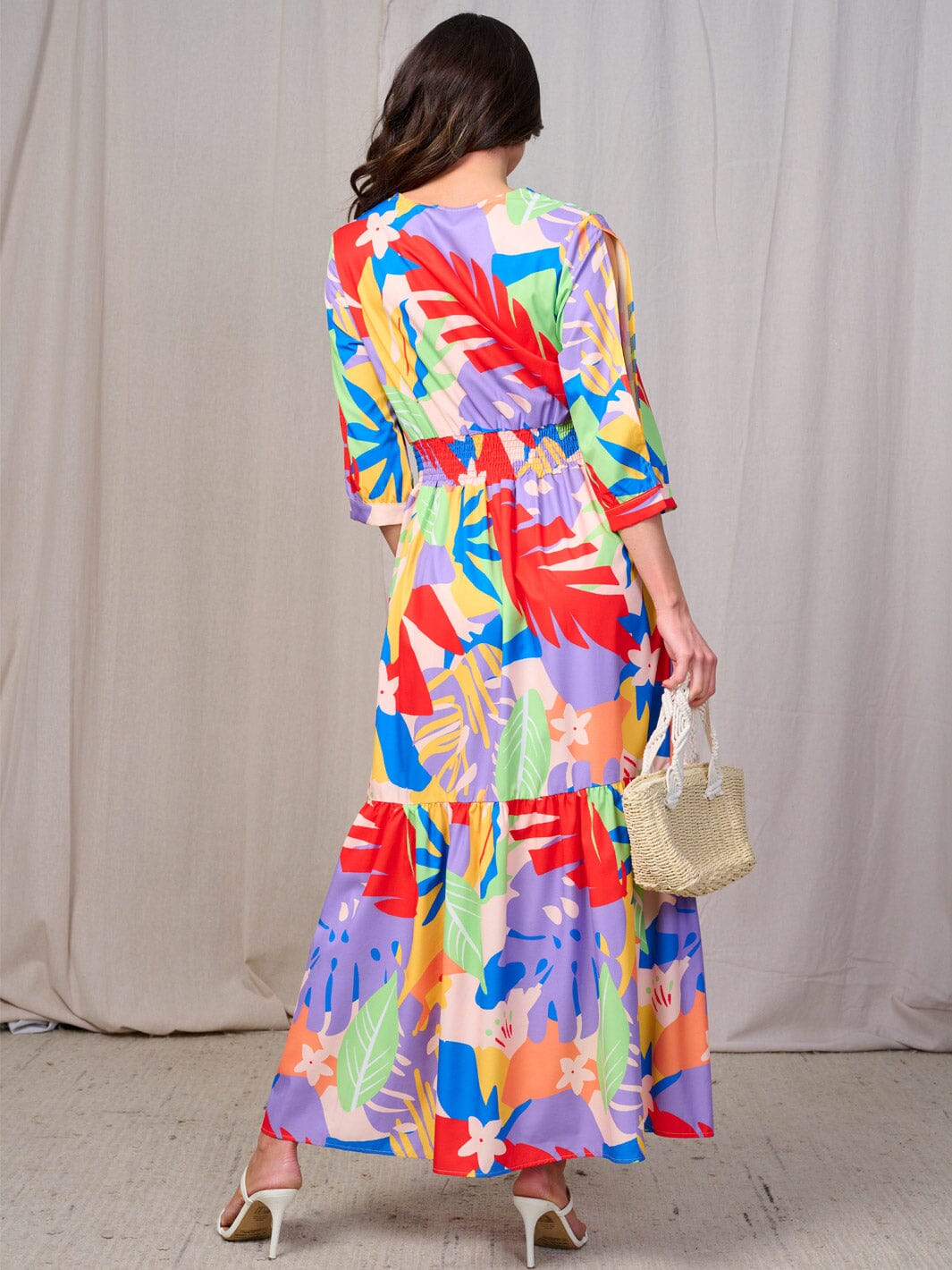 WOMEN'S 3/4 COLD SHOULDER SLEEVES SMOCK WAIST V-NECK LEAF PRINT MAXI DRESS