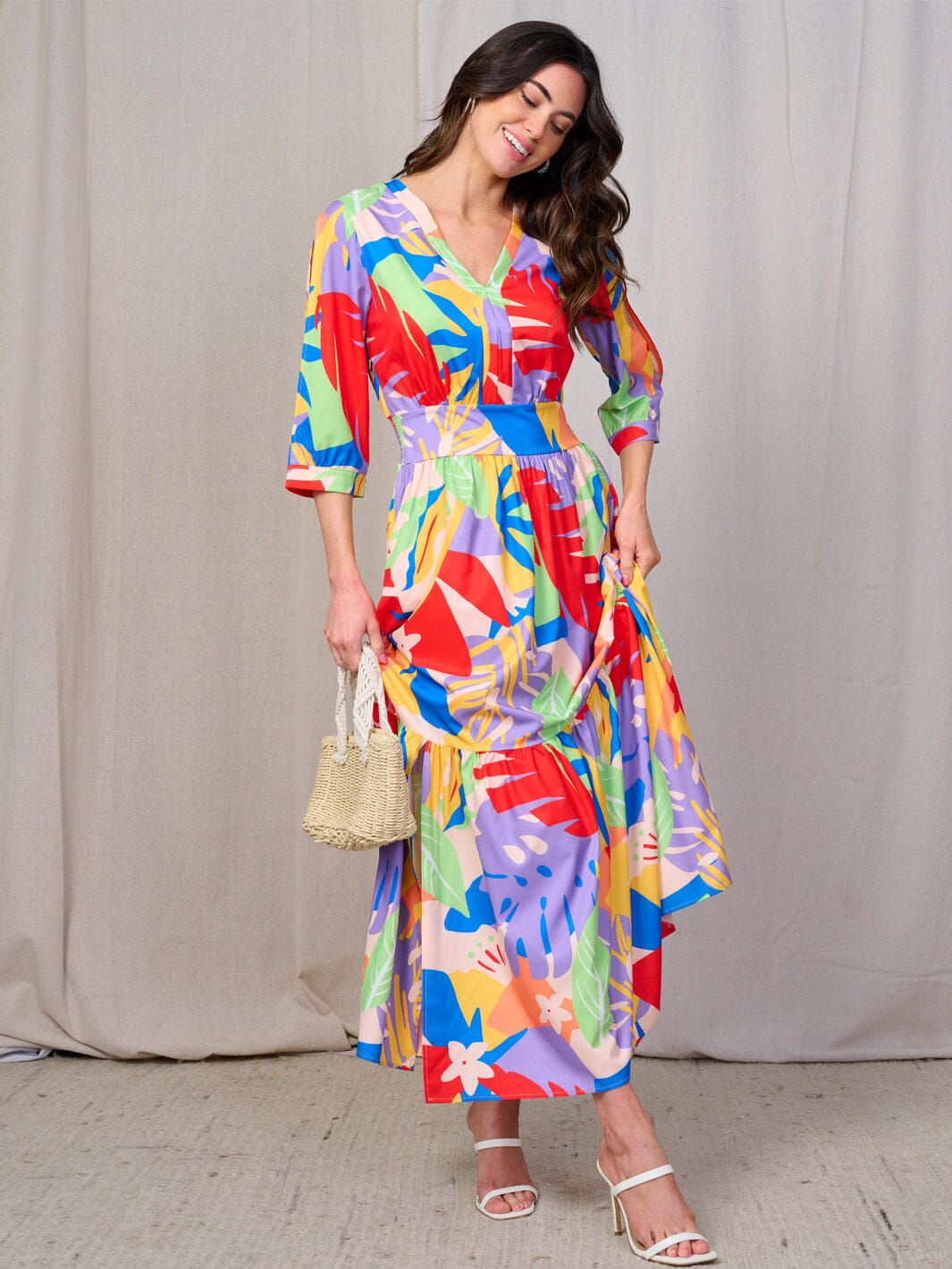 WOMEN'S 3/4 COLD SHOULDER SLEEVES SMOCK WAIST V-NECK LEAF PRINT MAXI DRESS
