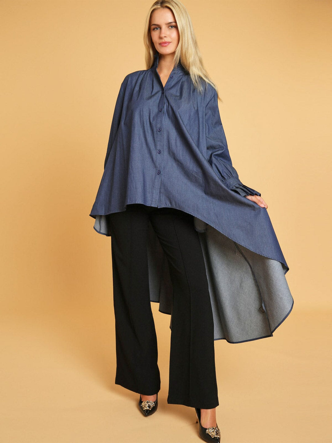 WOMEN'S LONG SLEEVES BUTTON UP HIGH-LOW DENIM TUNIC BLOUSE