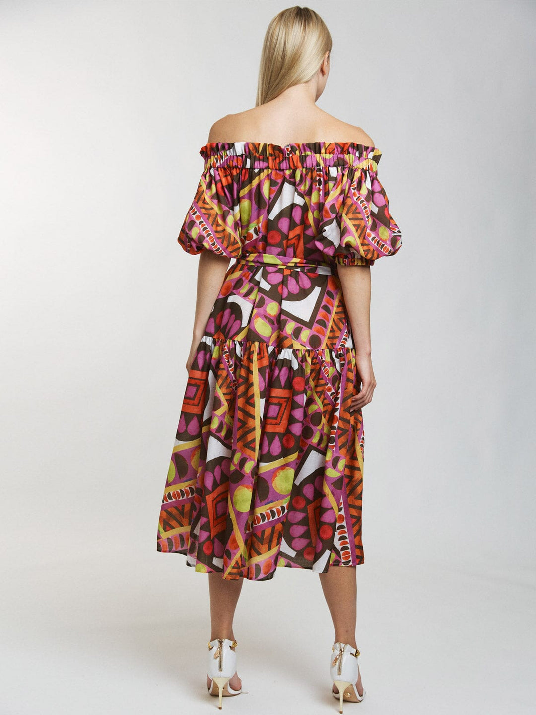 WOMEN'S SHORT SLEEVE OFF SHOULDER FRONT POCKETS BELTED MULTI PRINT MAXI DRESS