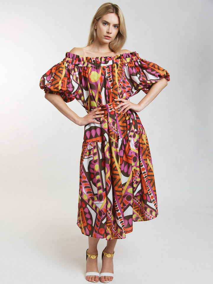 WOMEN'S SHORT SLEEVE OFF SHOULDER FRONT POCKETS BELTED MULTI PRINT MAXI DRESS