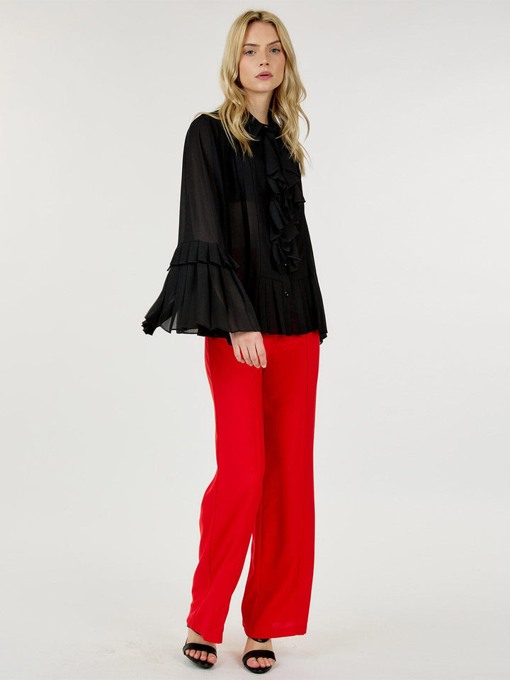 WOMEN'S LONG BELL SLEEVE BUTTON CLOSURE RUFFLE BLOUSE