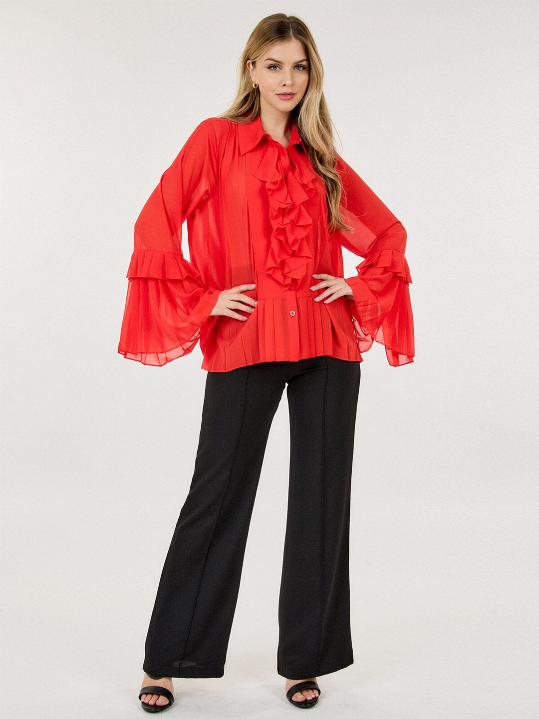 WOMEN'S LONG BELL SLEEVE BUTTON CLOSURE RUFFLE BLOUSE