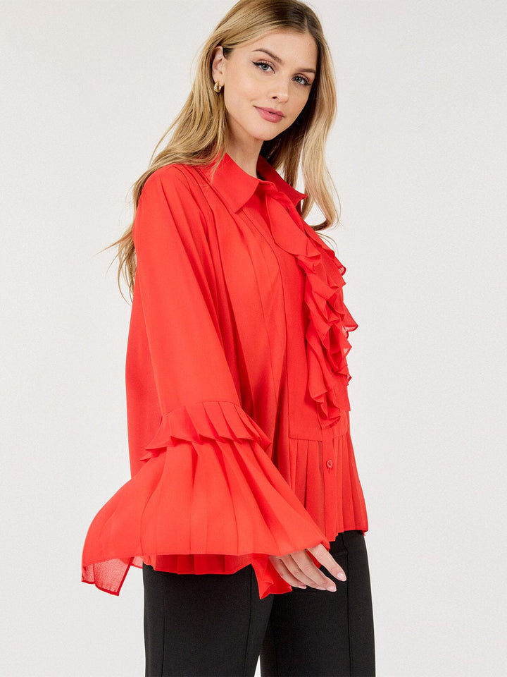 WOMEN'S LONG BELL SLEEVE BUTTON CLOSURE RUFFLE BLOUSE