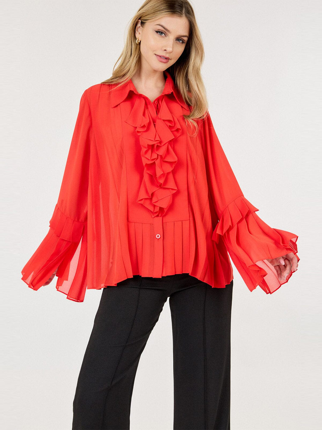 WOMEN'S LONG BELL SLEEVE BUTTON CLOSURE RUFFLE BLOUSE