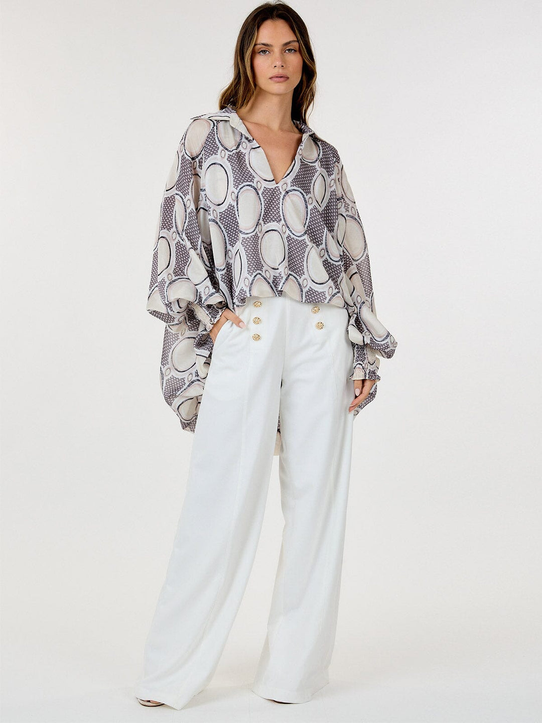 WOMEN'S ZIP UP FRONT POCKETS BUTTONS DETAILED WIDE LEG PANTS
