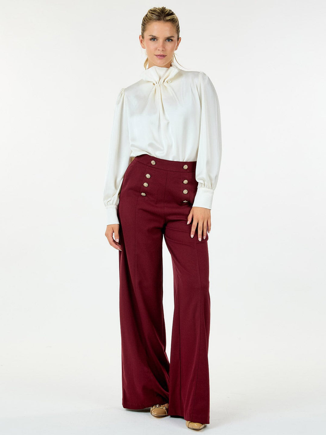WOMEN'S ZIP UP FRONT POCKETS BUTTONS DETAILED WIDE LEG PANTS