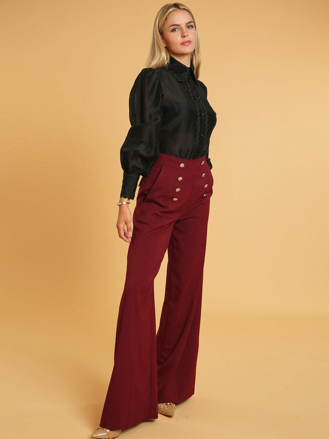 WOMEN'S ZIP UP FRONT POCKETS BUTTONS DETAILED WIDE LEG PANTS