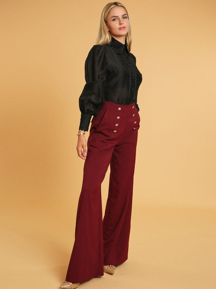 WOMEN'S ZIP UP FRONT POCKETS BUTTONS DETAILED WIDE LEG PANTS