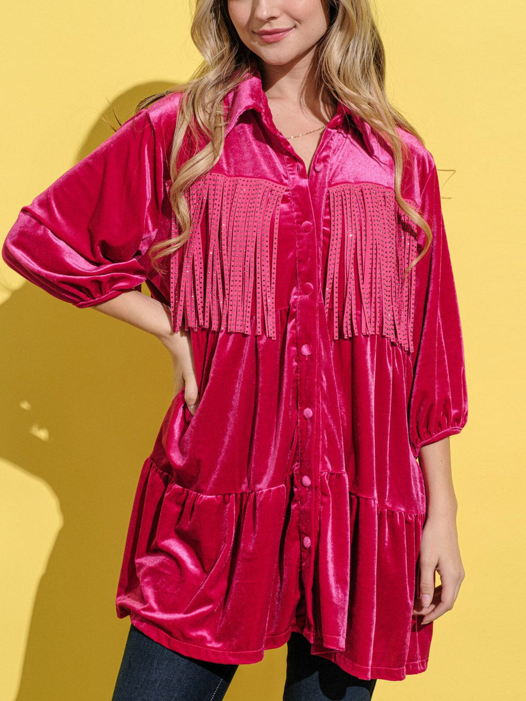 WOMEN'S 3/4 SLEEVE BUTTON UP FRINGE TIERED VELVET TUNIC TOP