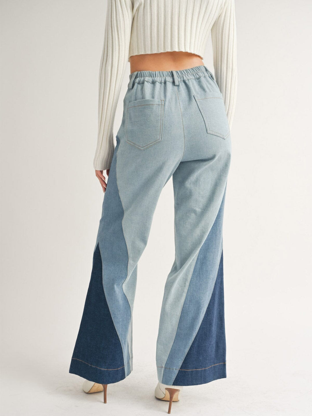 WOMEN'S BUTTON CLOSURE POCKETS PATCHED COLORBLOCK DENIM PANTS