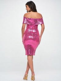WOMEN'S OFF SHOULDER BODYCON SEQUINS MIDI DRESS