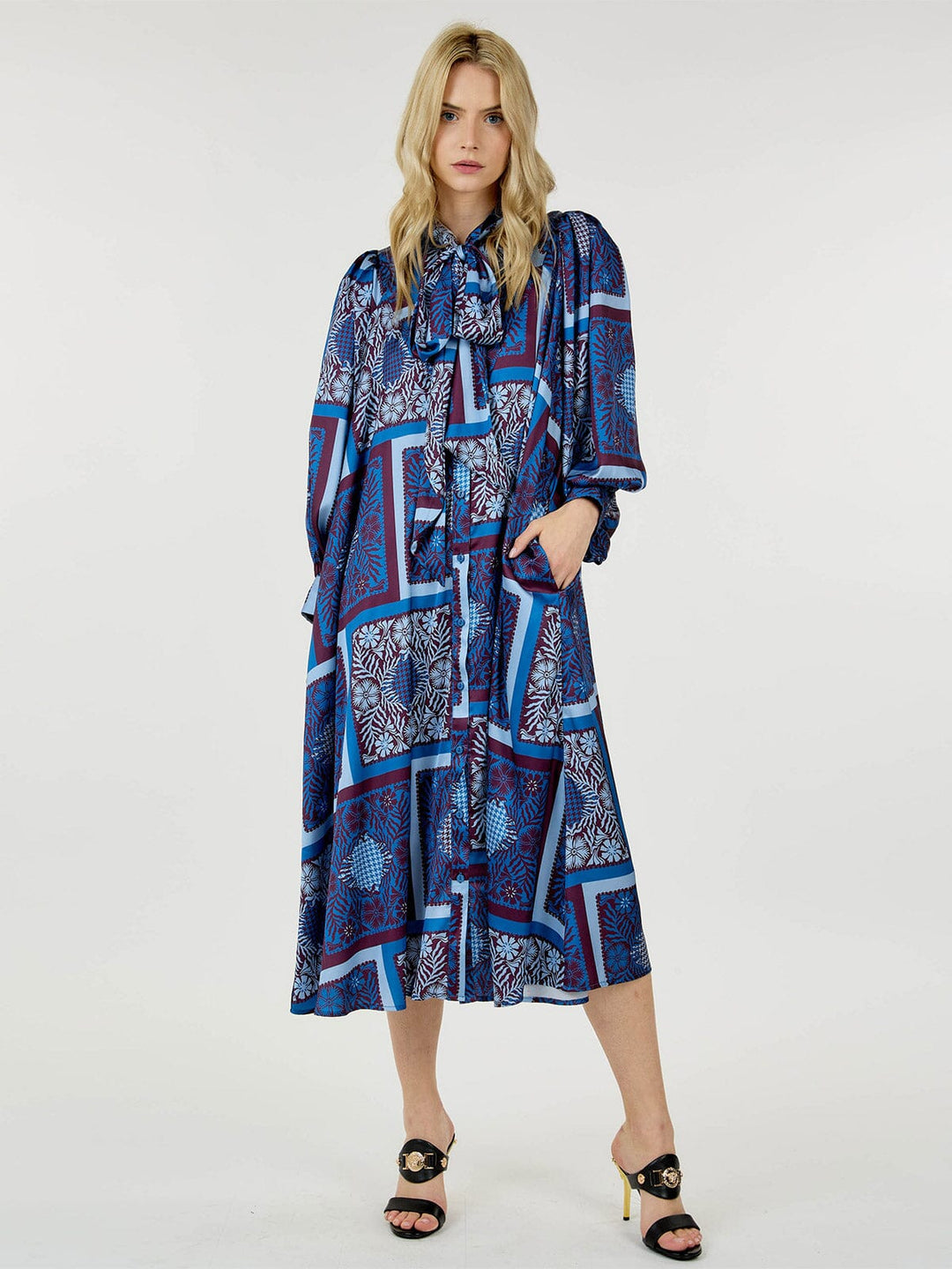WOMEN'S LONG SLEEVE BUTTON UP FRONT POCKETS MULTI PRINT MIDI DRESS
