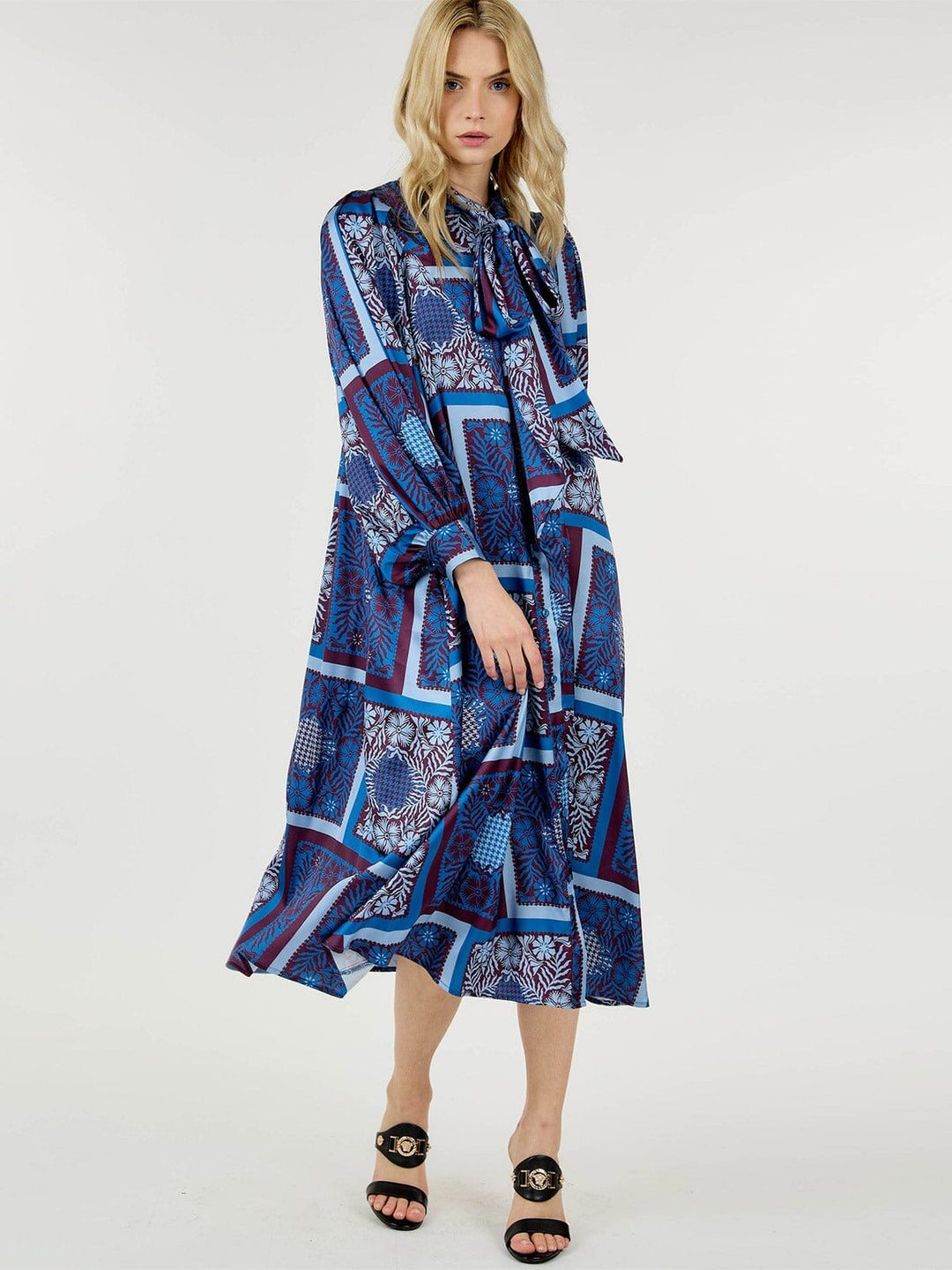 WOMEN'S LONG SLEEVE BUTTON UP FRONT POCKETS MULTI PRINT MIDI DRESS