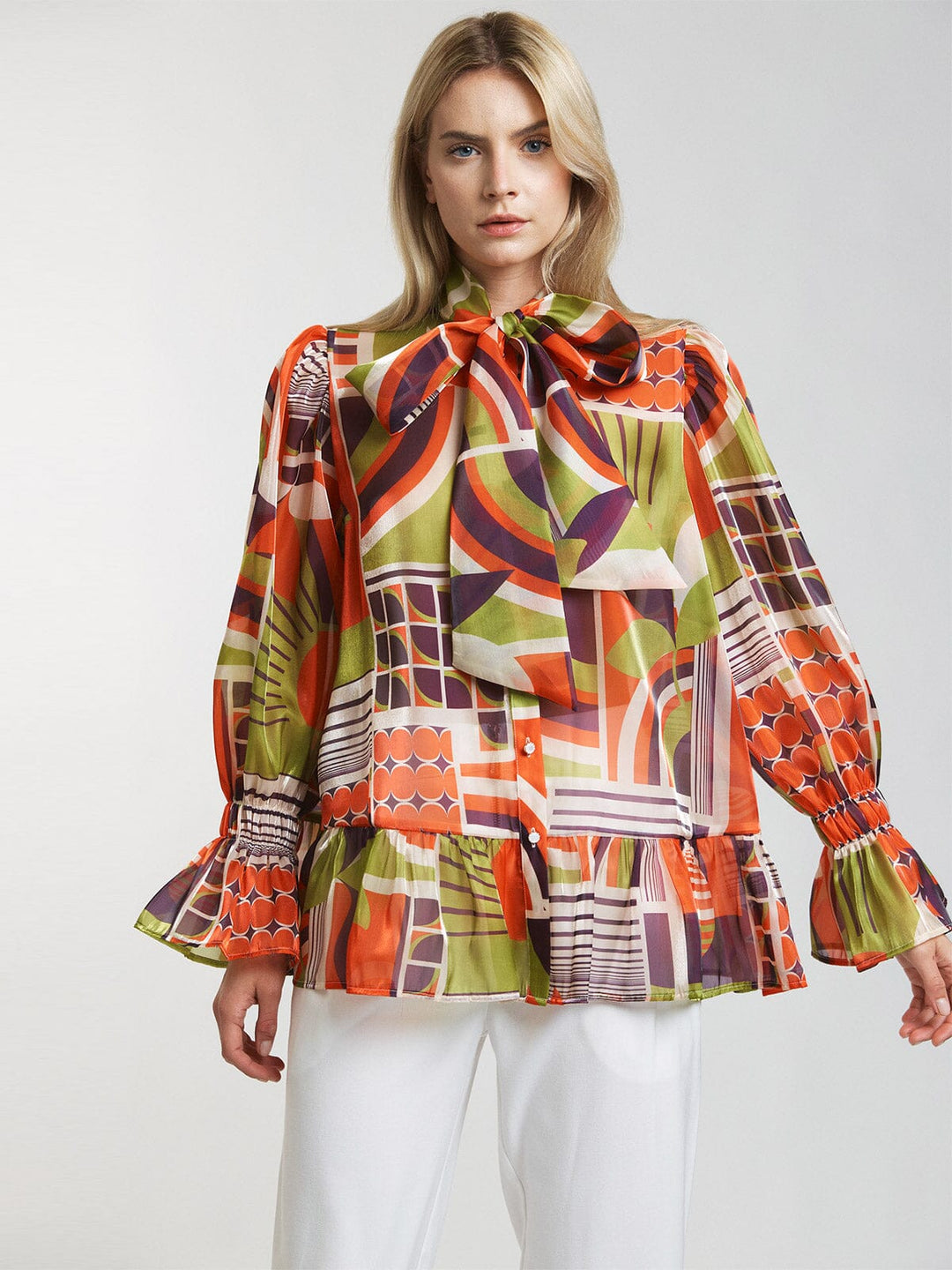 WOMEN'S LONG SLEEVE RUFFLE BUTTON UP MULTI PRINT BLOUSE