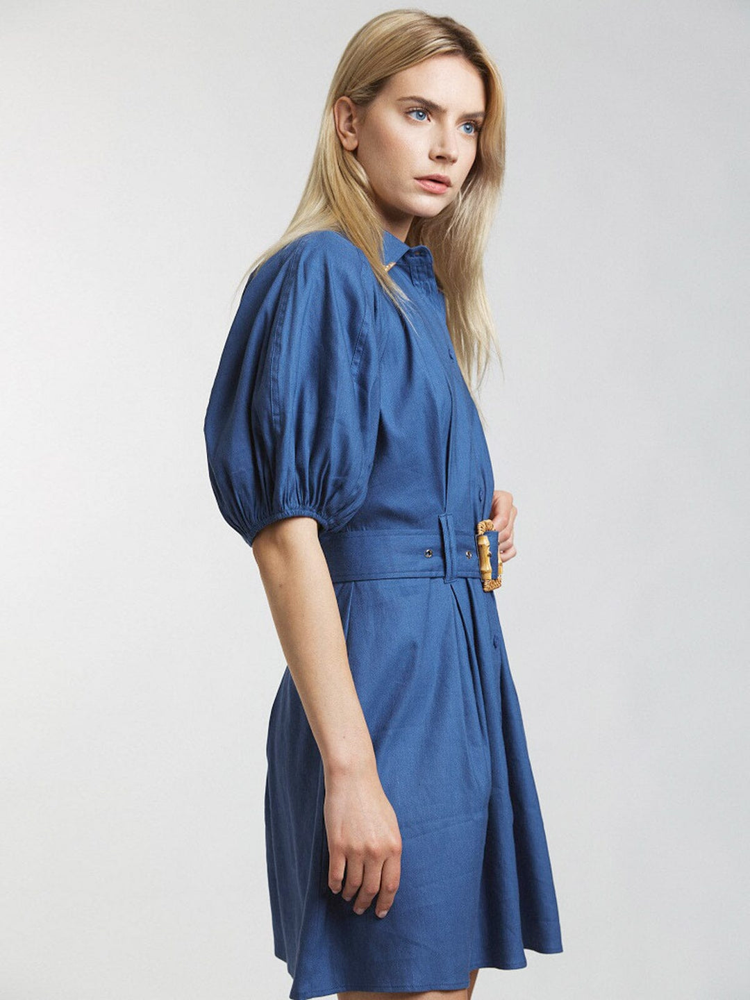 WOMEN'S SHORT PUFF SLEEVE BUTTON UP FRONT BELT MINI DRESS