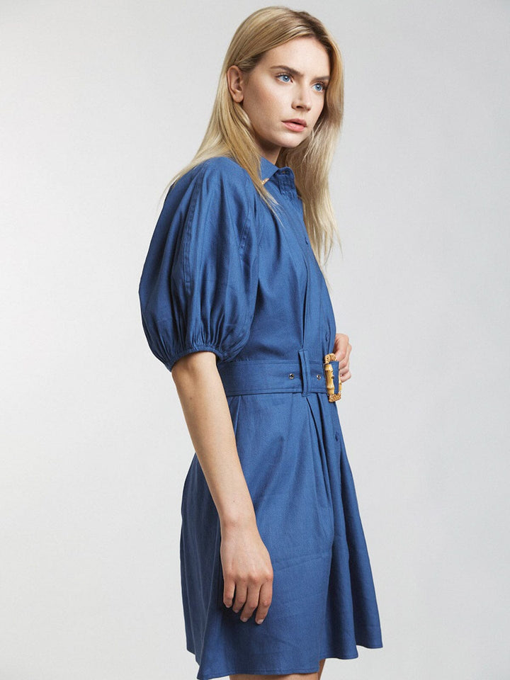 WOMEN'S SHORT PUFF SLEEVE BUTTON UP FRONT BELT MINI DRESS