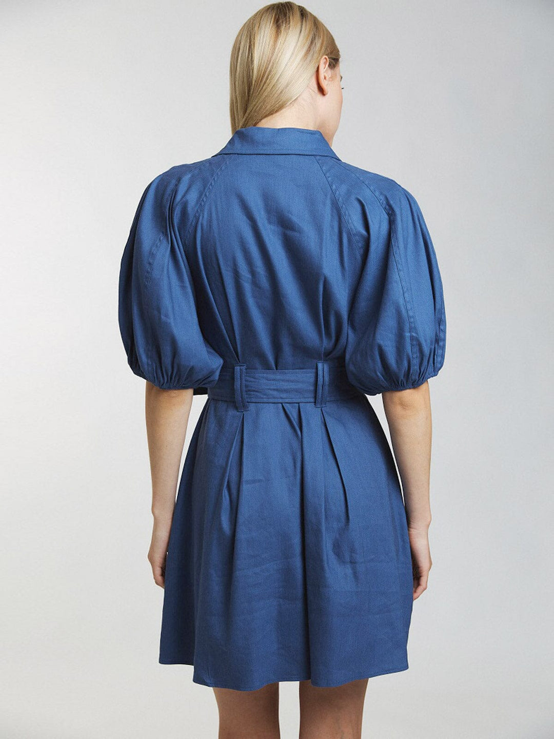 WOMEN'S SHORT PUFF SLEEVE BUTTON UP FRONT BELT MINI DRESS