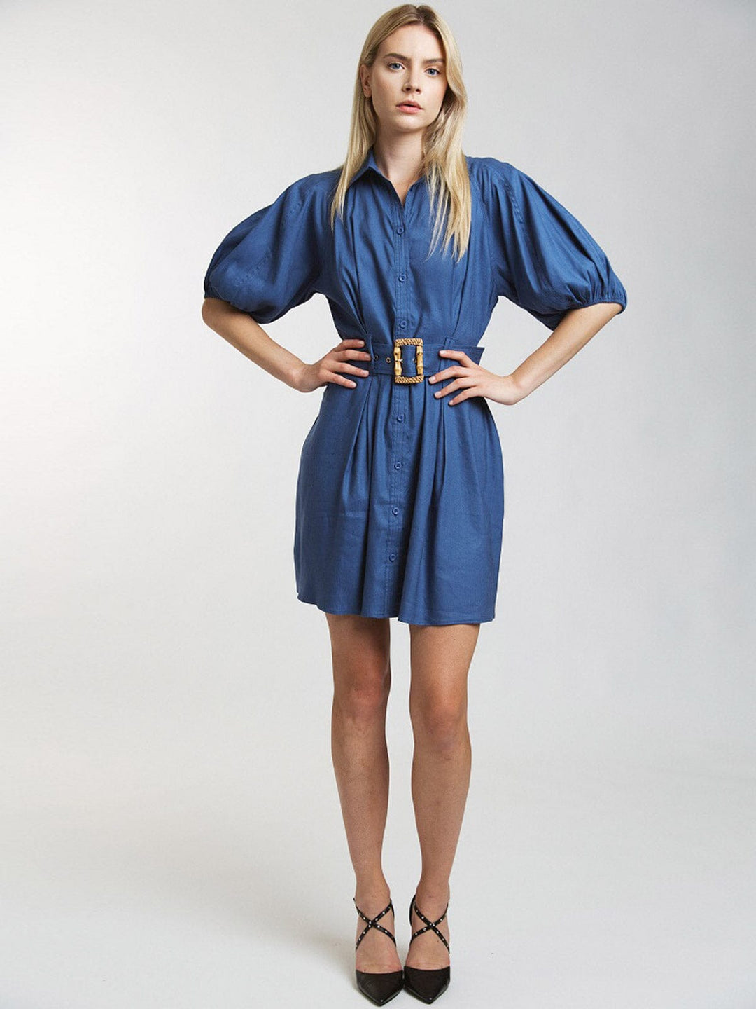 WOMEN'S SHORT PUFF SLEEVE BUTTON UP FRONT BELT MINI DRESS