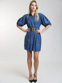 WOMEN'S SHORT PUFF SLEEVE BUTTON UP FRONT BELT MINI DRESS