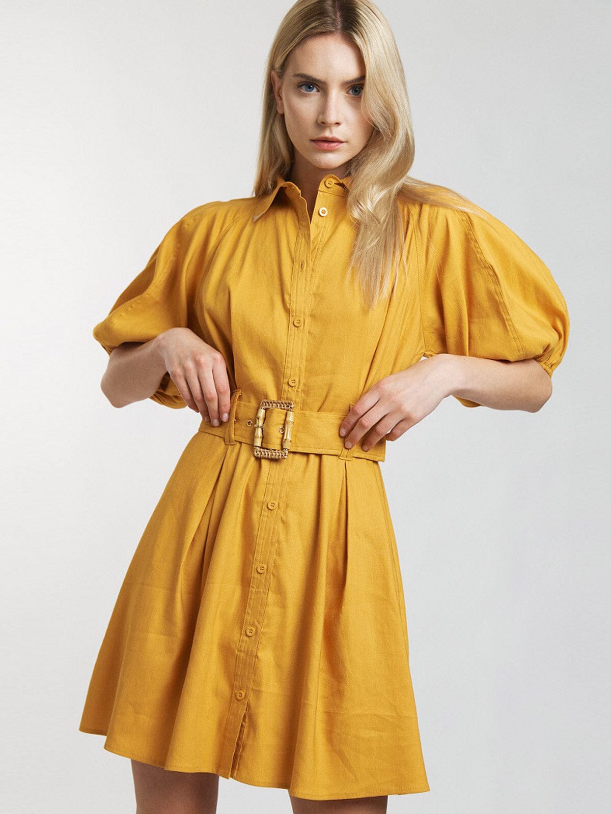 WOMEN'S SHORT PUFF SLEEVE BUTTON UP FRONT BELT MINI DRESS