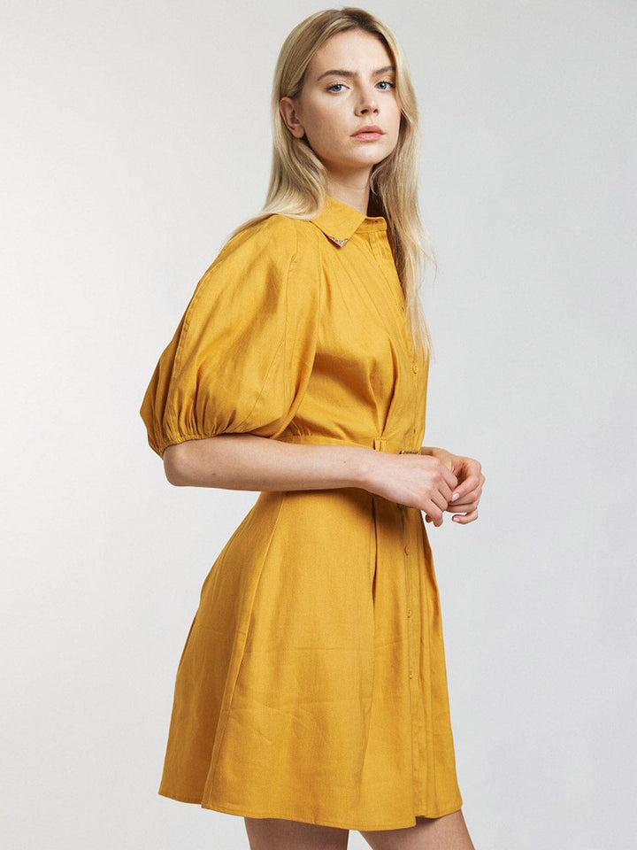 WOMEN'S SHORT PUFF SLEEVE BUTTON UP FRONT BELT MINI DRESS