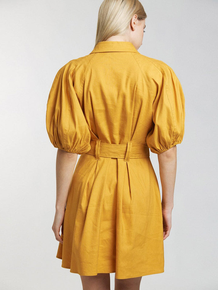 WOMEN'S SHORT PUFF SLEEVE BUTTON UP FRONT BELT MINI DRESS