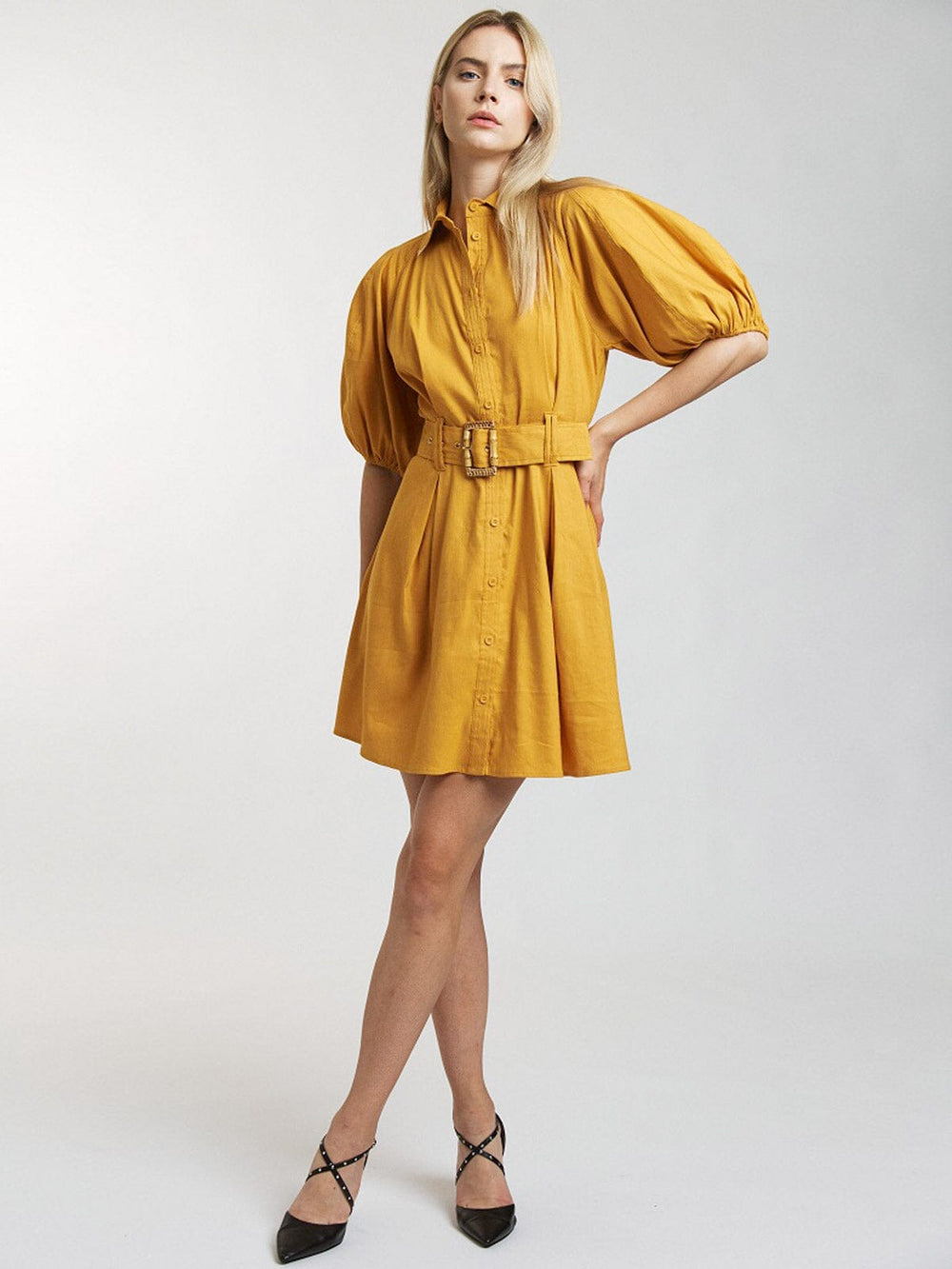 WOMEN'S SHORT PUFF SLEEVE BUTTON UP FRONT BELT MINI DRESS