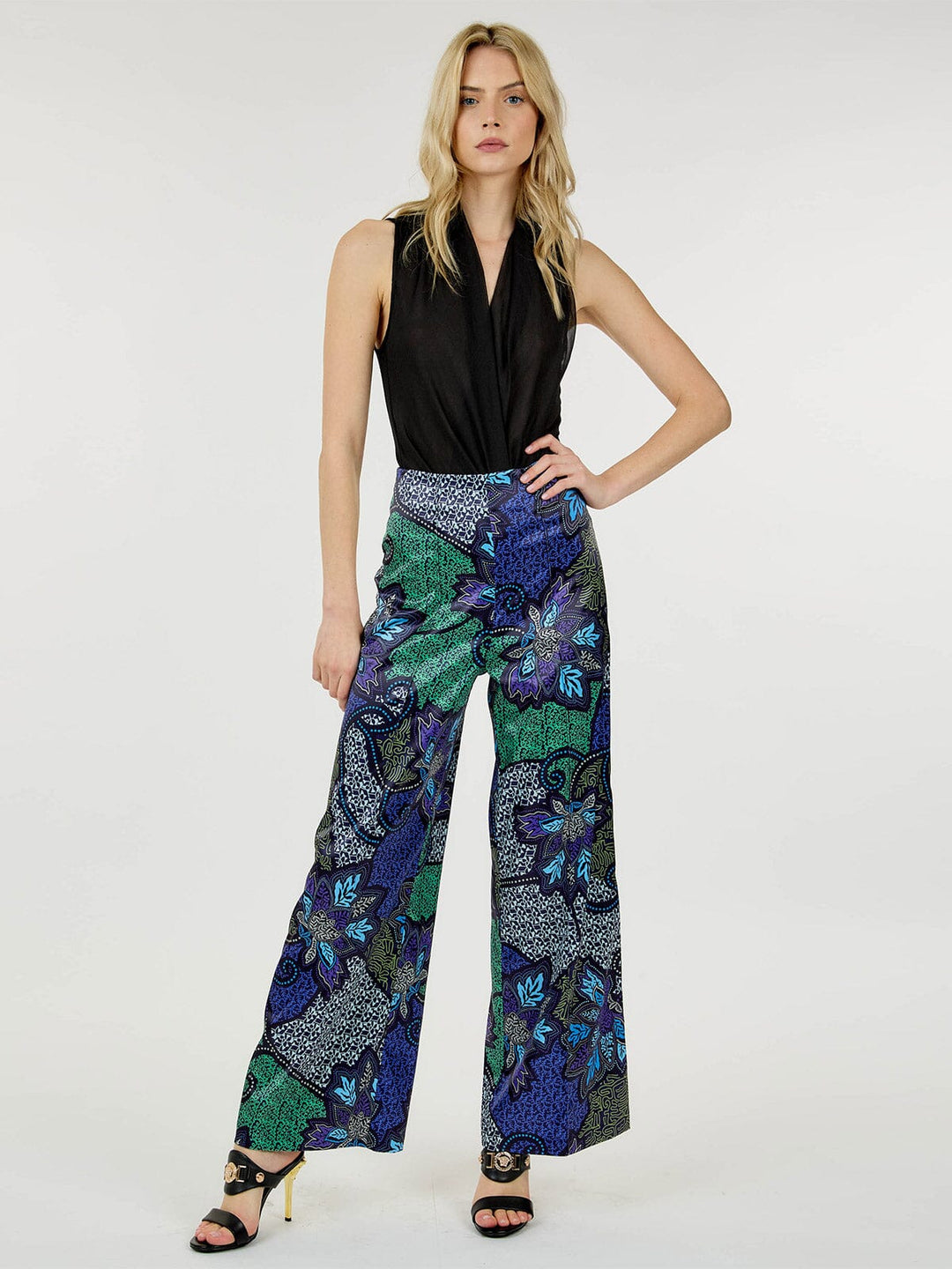 WOMEN'S ZIPPER CLOSURE MULTI PRINT WIDE LEG PANTS