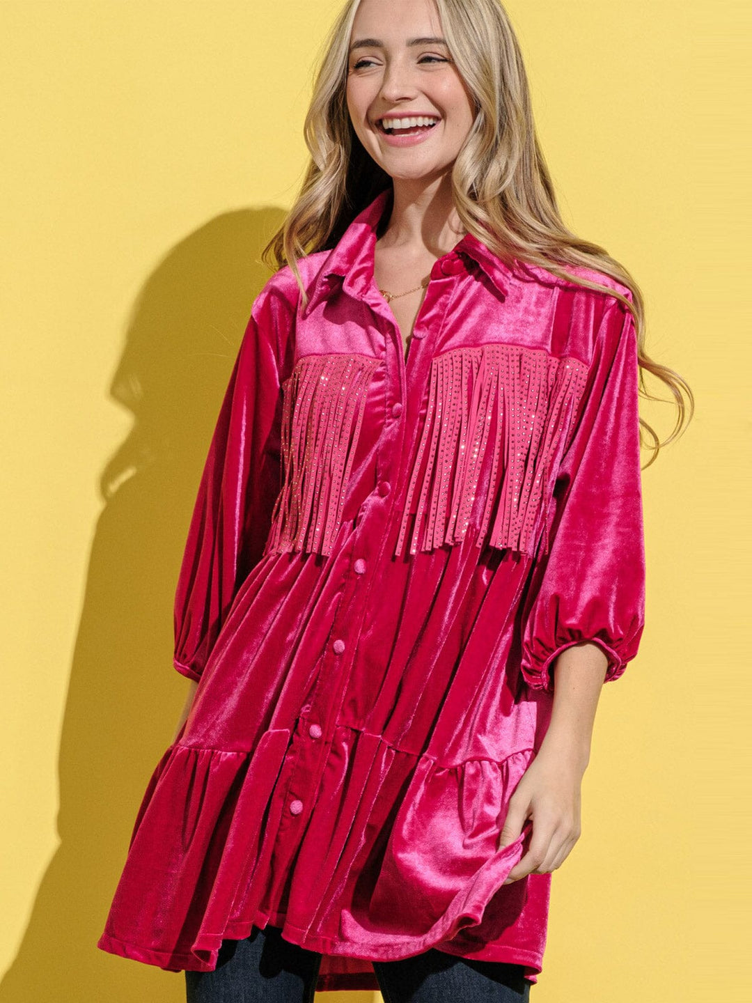 WOMEN'S 3/4 SLEEVE BUTTON UP FRINGE TIERED VELVET TUNIC TOP