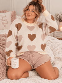 PLUS SIZE LONG SLEEVE HEARTS PRINT PULLOVER COLORBLOCK SWEATER