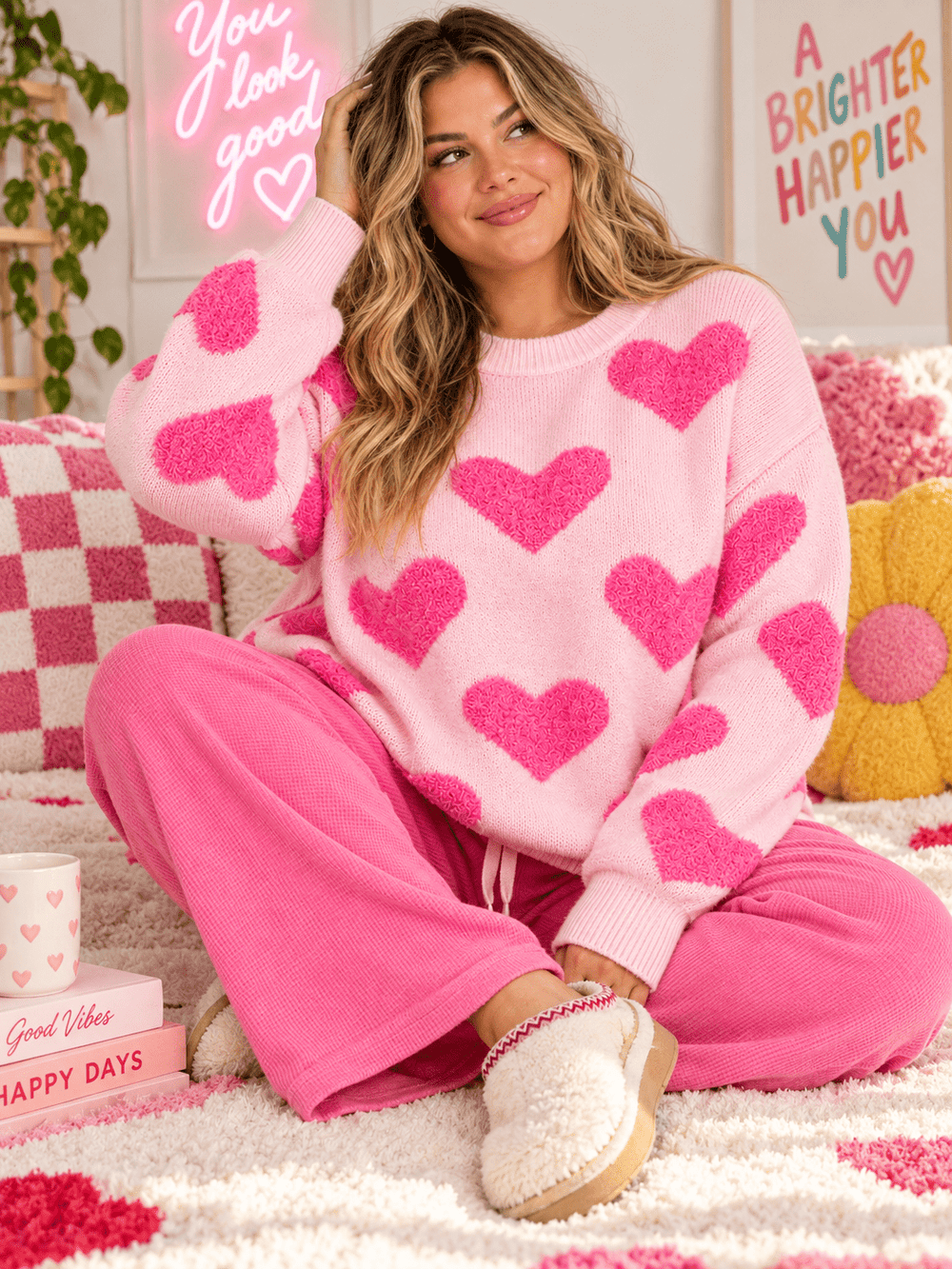 PLUS SIZE LONG SLEEVE HEARTS PRINT PULLOVER COLORBLOCK SWEATER