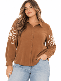 PLUS SIZE LONG SLEEVE BUTTON UP EMBROIDERY DETAILED BLOUSE