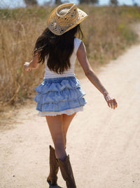 WOMEN'S ELASTIC WAIST TIERED RUFFLE DENIM MINI SKIRT