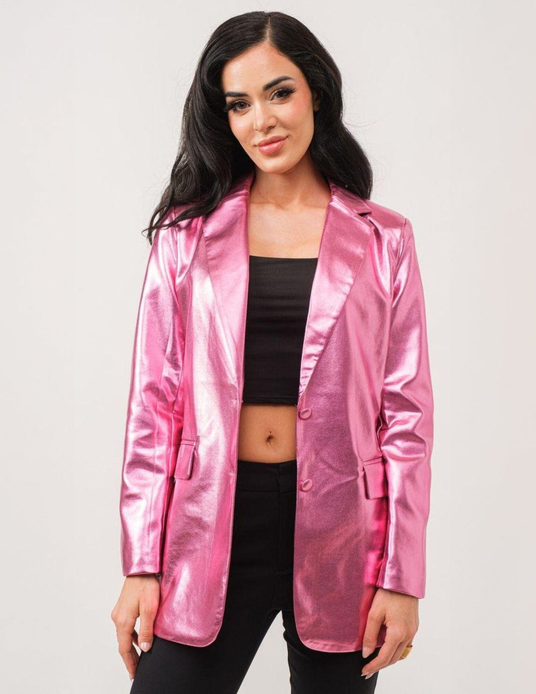 WOMEN'S LONG SLEEVE BUTTON CLOSURE PU METALLIC BLAZER