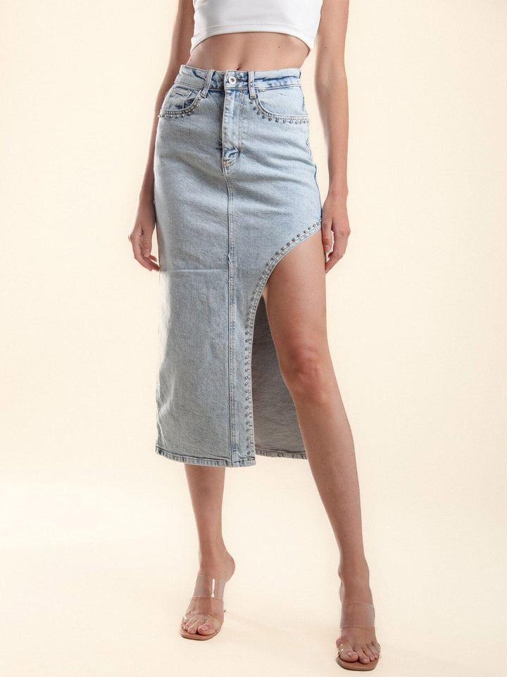WOMEN'S BUTTON CLOSURE STUDS DETAILED DENIM MIDI SKIRT