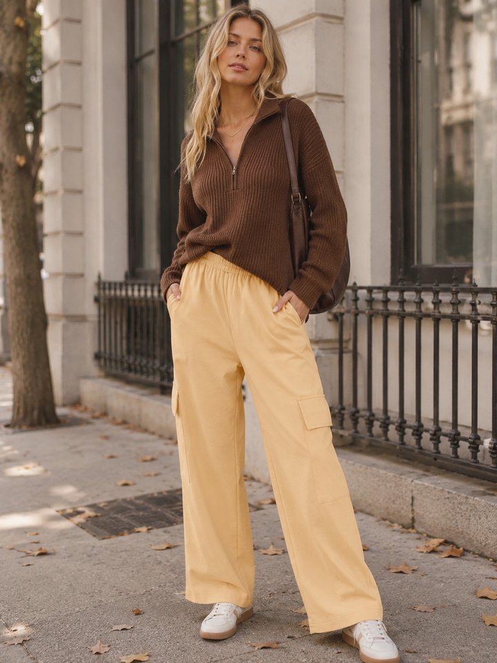 WOMEN'S ELASTIC WAIST CARGO POCKETS WIDE LEG PANTS