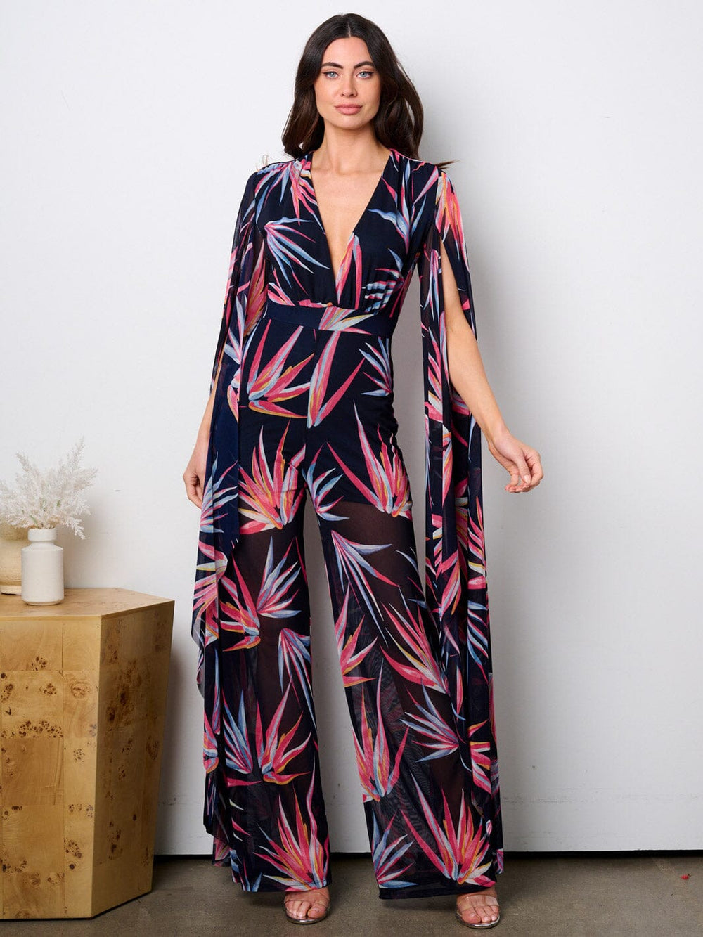 WOMEN'S LONG BELL SLEEVE V-NECK WIDE LEG LEAF PRINT JUMPSUIT