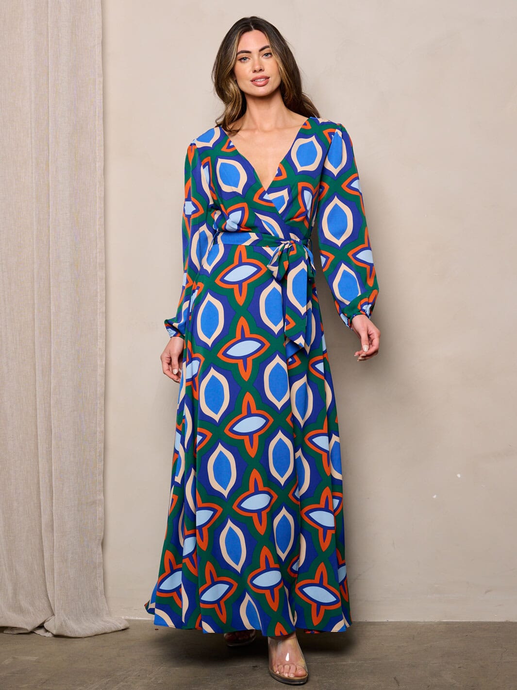 WOMEN'S LONG SLEEVES SURPLICE MULTI PRINT MAXI DRESS