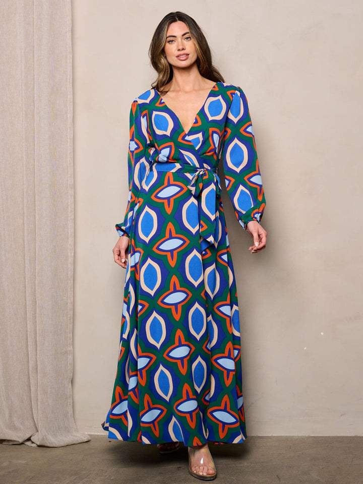 WOMEN'S LONG SLEEVES SURPLICE MULTI PRINT MAXI DRESS
