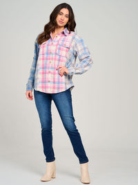 WOMEN'S LONG SLEEVE BUTTON CLOSURE FRONT POCKETS COLORBLOCK PLAID SHACKET