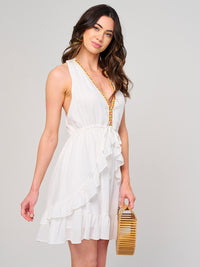 WOMEN'S SLEEVELESS V-NECK RUFFLE TRIM DETAILED MINI DRESS
