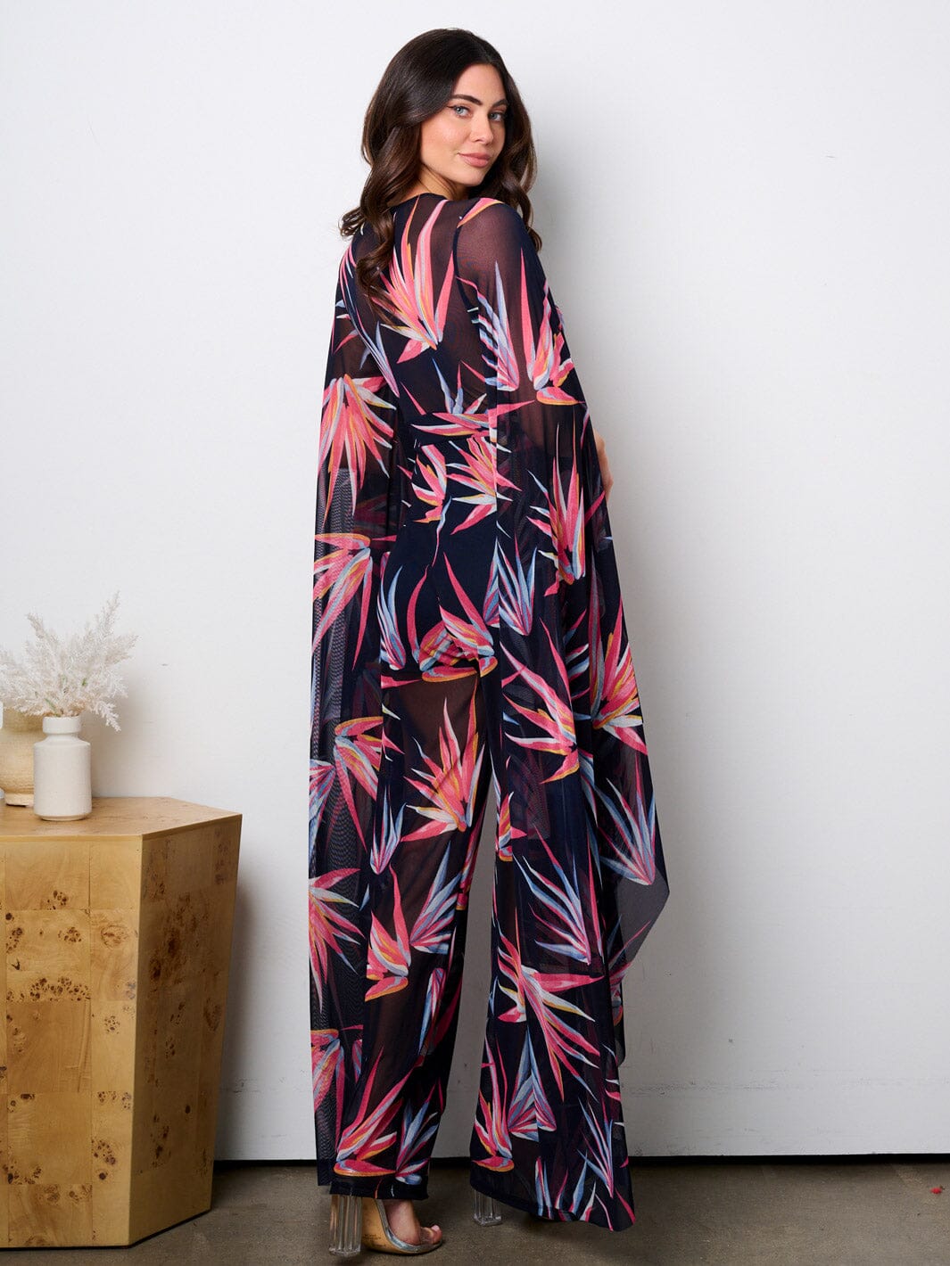 WOMEN'S LONG BELL SLEEVE V-NECK WIDE LEG LEAF PRINT JUMPSUIT